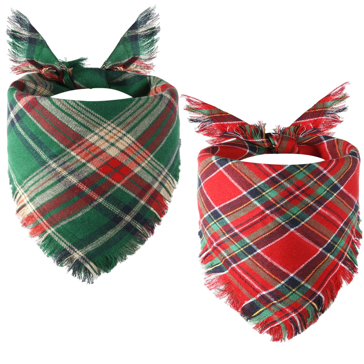 2pcs Christmas Dog Bandanas, Stylish Plaid Dog Bandana with Tassel Edges Multiple Size Christmas Dog Scarf Pet Bandanas for Small, Medium, Large Dog