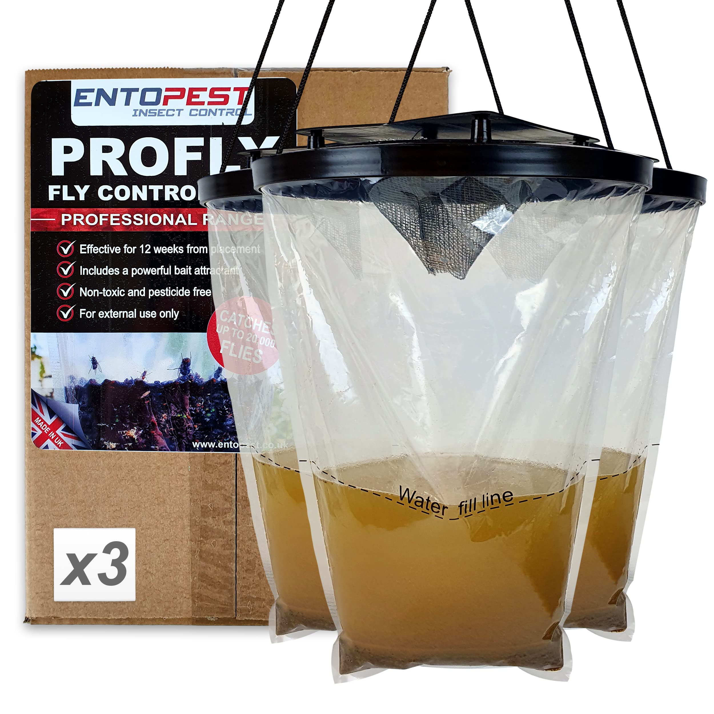 Entopest ProFly Hanging Fly Killer Bag - Professional Quality High Strength Trap Catches 20,000 Flies - Non-Toxic Control Gardens, Farms & Paddocks (Pack of 3)