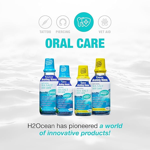 H2OCEAN HEALING RINSE NATURAL SEA SALT ORAL CARE – MOUTH RINSE FOR ORAL CARE – GREAT FOR PIERCINGS, SORE THROATS & GUM HEALTH – ALCOHOL- & FLUORIDE-FREE MOUTHWASH – LEMON ICE, 16 OZ