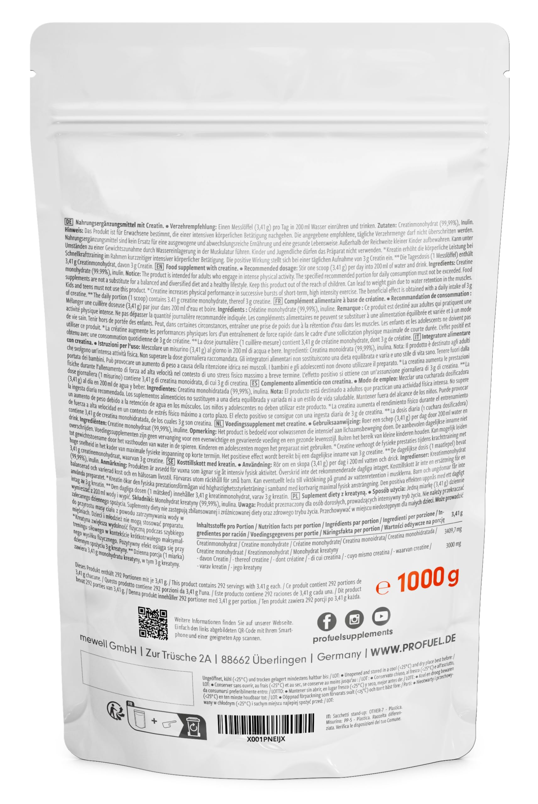 Creatin Monohydrat Pulver 1kg / 1000g reines Kreatin Monohydrat in mikronisierter Qualität - Creatine-Monohydrate mit 3000 mg Creatine pro Tag - Creatin-Pulver 100% vegan - Vorrat für 292 Tage 6