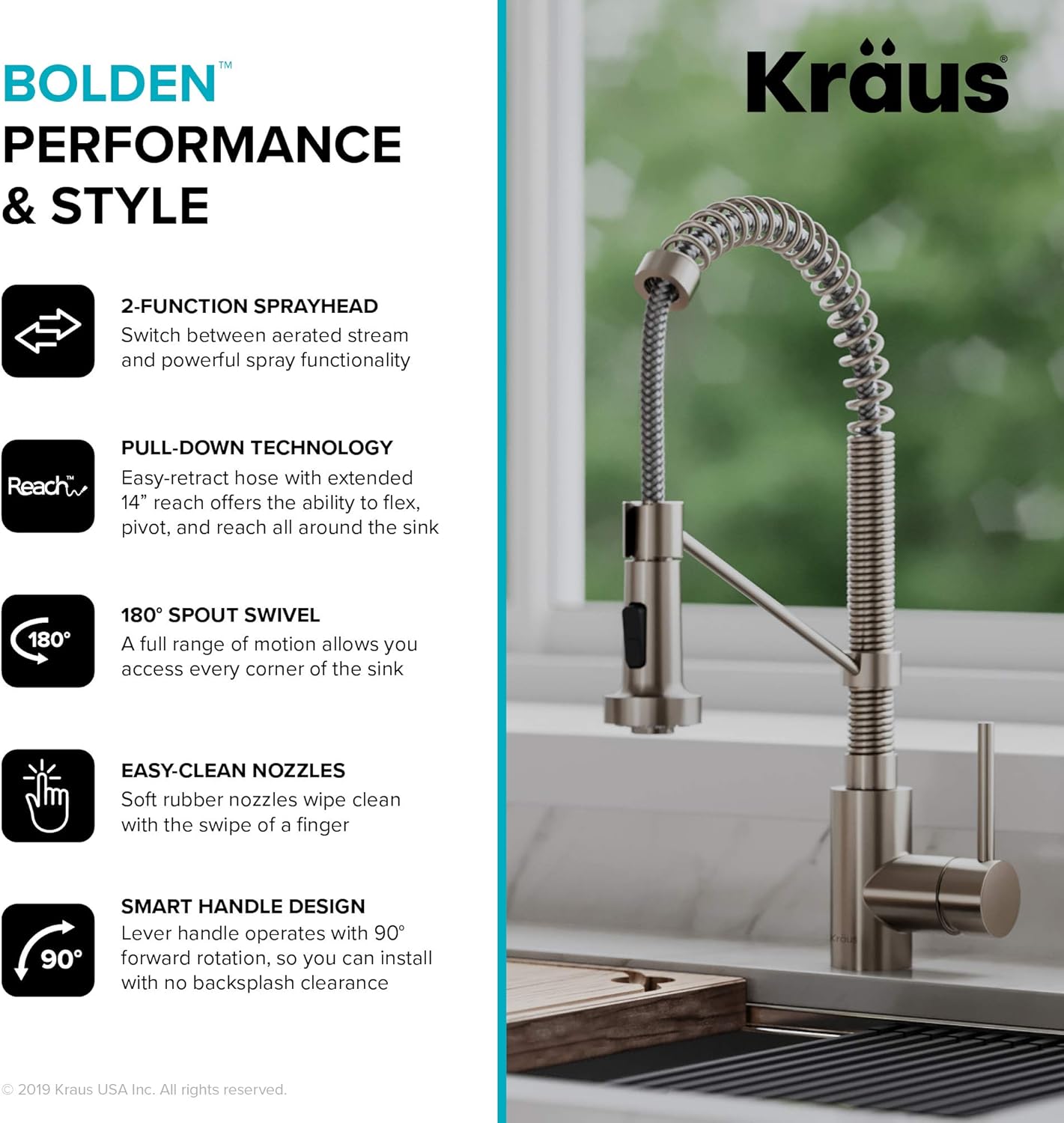 Kraus KPF-1610SS Bolden 18-Inch Commercial Kitchen Faucet with Dual Function Pull-Down Sprayhead in All-Brite Finish, Stainless Steel - - 