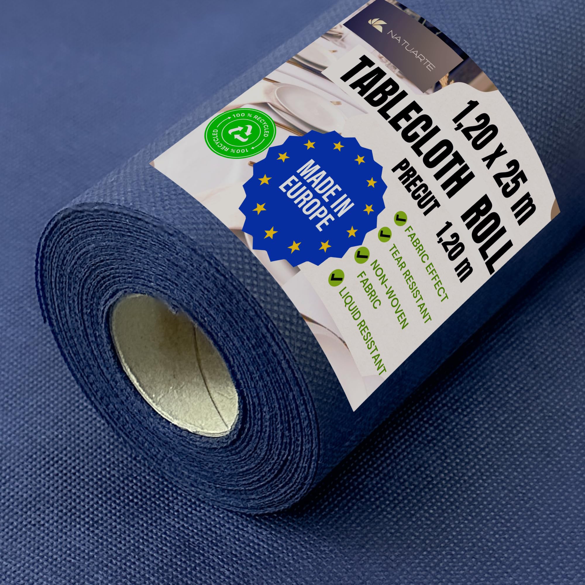 NATUARTE, Tablecloth Roll, 1.20 m x 25 m, Disposable Banquet Roll, Fabric Like Look and Feel, Roll Tablecloth for Parties Celebrations Birthdays Events, Non Woven Fabric, Dark blue 1.20x25m — image 1