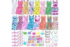 BJDBUS 42 pcs Doll Clothes and Accessories Including 10 pcs Fashion Mini Dresses 32 pcs Shoes, Glasses, Necklaces, Handbag, Hangers Accessories for 11.5 Inch Girl Doll