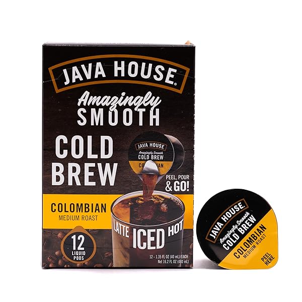 JAVA HOUSE MEDIUM ROAST COLOMBIAN COLD BREW PODS, (12 COUNT) PEEL AND POUR PODS HOT OR ICED INSTANT COFFEE CONCENTRATE