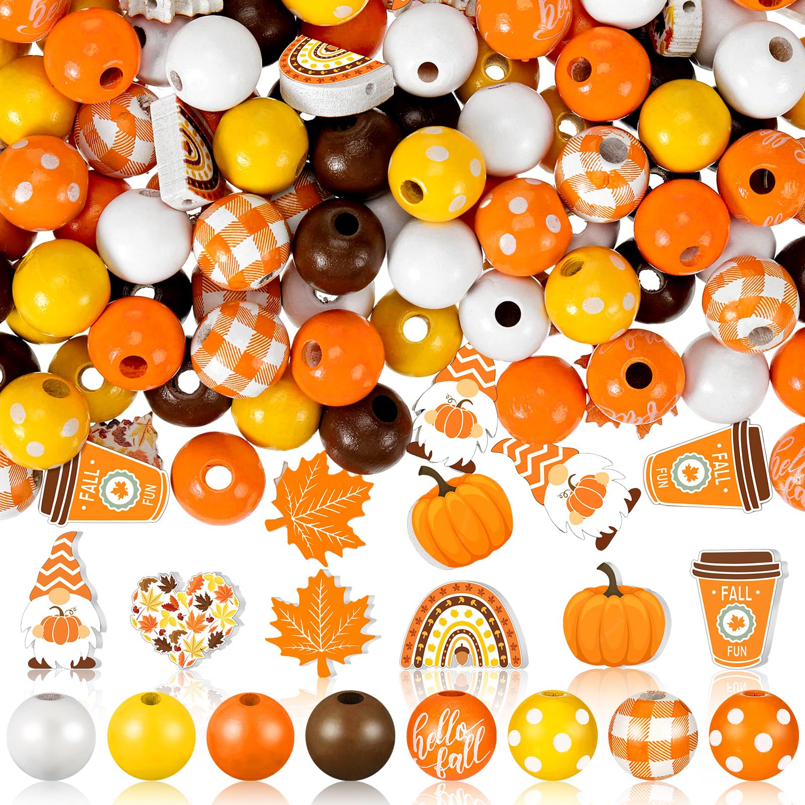Photo 1 of FairySandy 200 Pieces Fall Thanksgiving Wooden Beads Pumpkin Maple Leaf Colorful Round Loose Spacer Thanksgiving Beads for Necklace Bracelet Jewelry Making DIY Craft Home Decoration