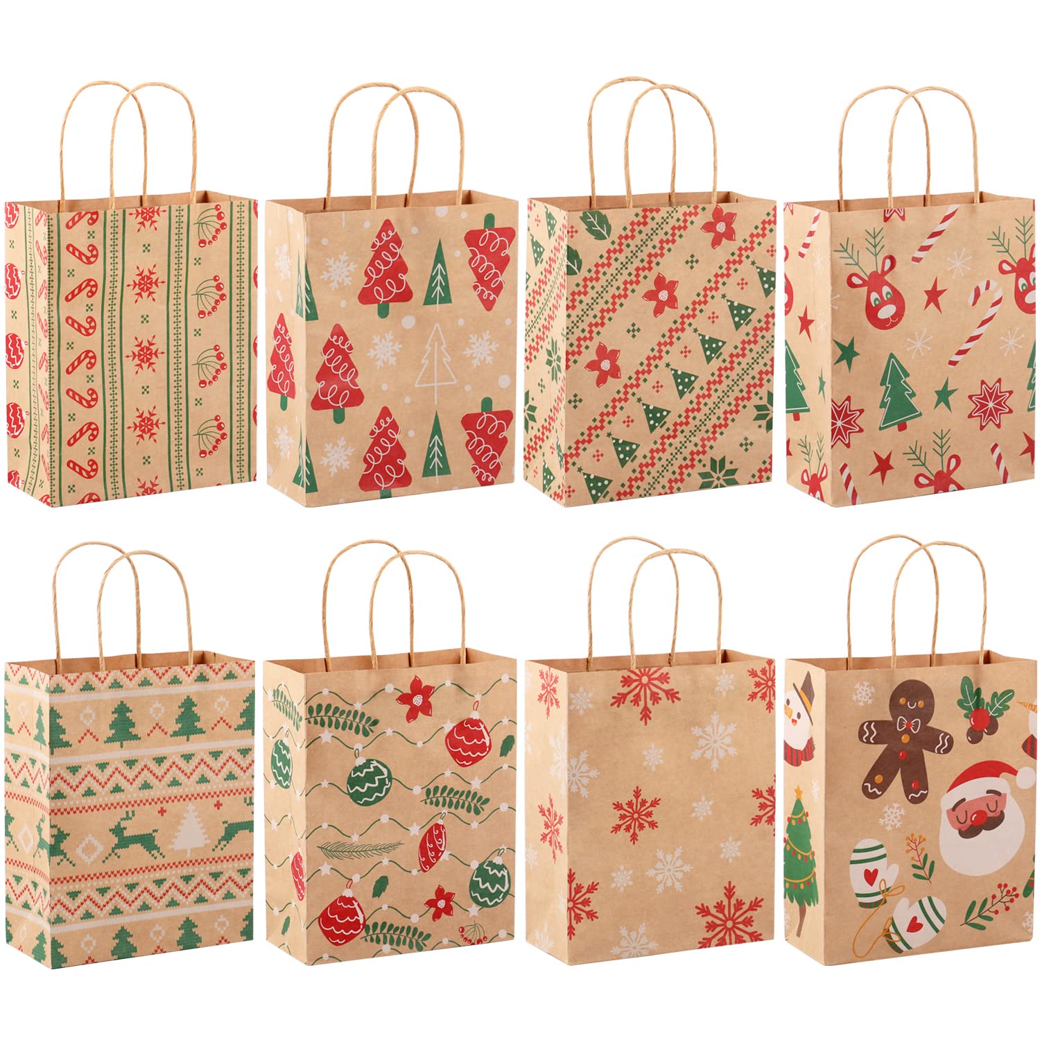 Christmas Kraft Gift Bags, 24PCS Medium Christmas Paper Bags with Handles, Recyclable Brown Xmas Gift Bags for Presents Gift Packing Festival Party Decorations Supplies - 8 Styles, 9" x 7.3" x 3.3"