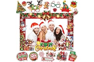 Christmas Photo Booth Props with Frame, Holiday Party Decorations for Family, Friends & Kids, Fun Xmas Selfie Props for Chris