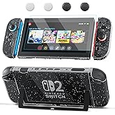 PAWDIARY Clear Switch 2 Accessories Case, Glitter PC Switch 2 Protective Cover for New Switch 2025 Console & Controller Grip with HD Screen Protector and 4 Thumb Caps, Sparkle Hardshell Skin Kit