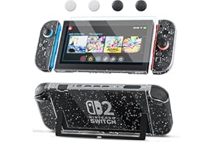 PAWDIARY Clear Switch 2 Accessories Case, Glitter PC Switch 2 Dockable Cover for New Switch 2025 Console & Controller Grip with HD Screen Protector and 4 Thump Caps, Sparkle Hardshell Skin Kit