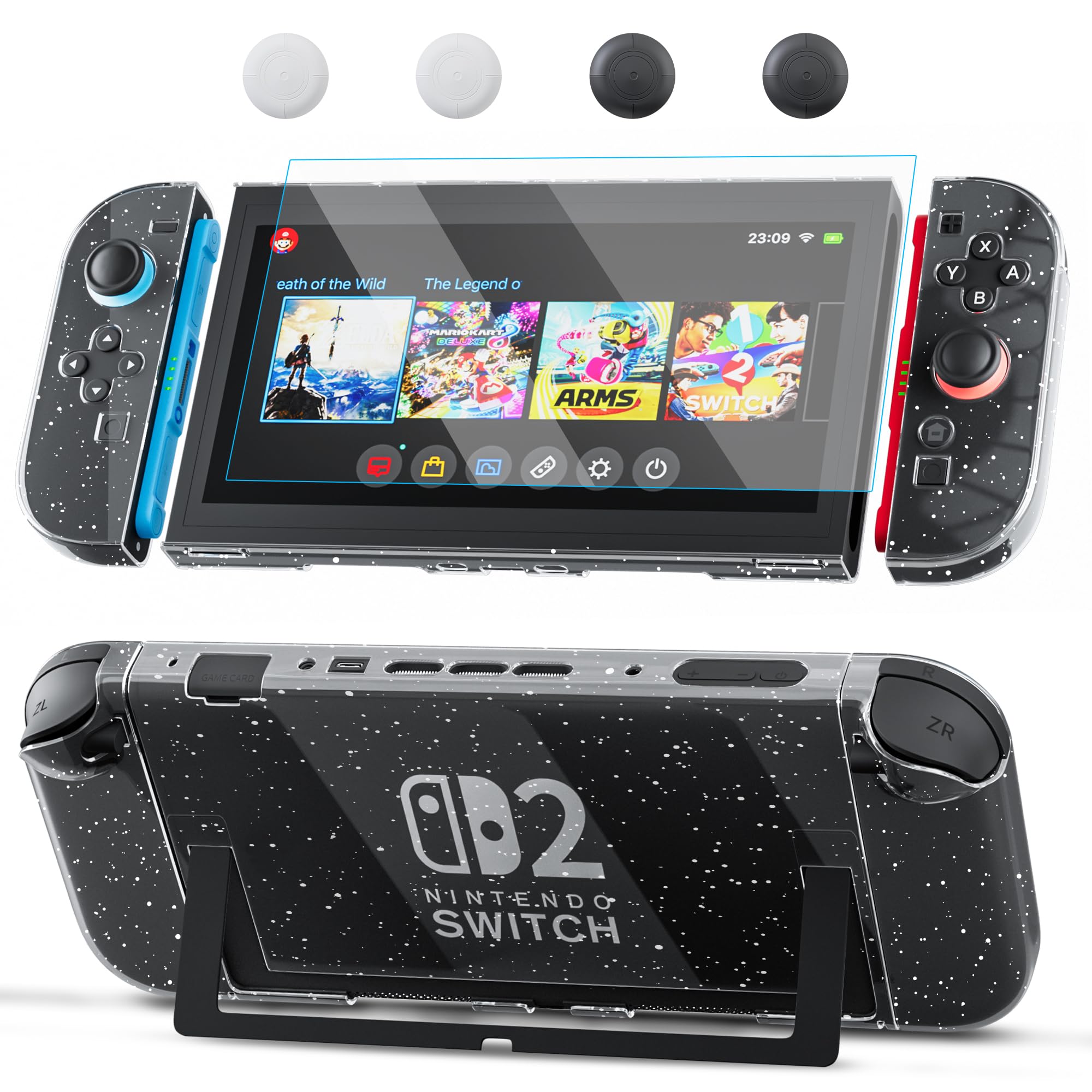 PAWDIARY Clear Switch 2 Accessories Case, Glitter PC Switch 2 Protective Cover for New Switch 2025 Console & Controller Grip with HD Screen Protector and 4 Thumb Caps, Sparkle Hardshell Skin Kit