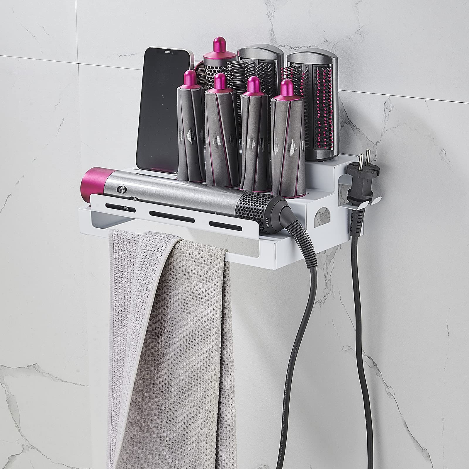 Hosoncovy Metal Wall Mount Holder Organizer Stand Storage Rack with Towel Holder Tabletop Organizer for Dyson Airwrap Styler and Brushes (White)