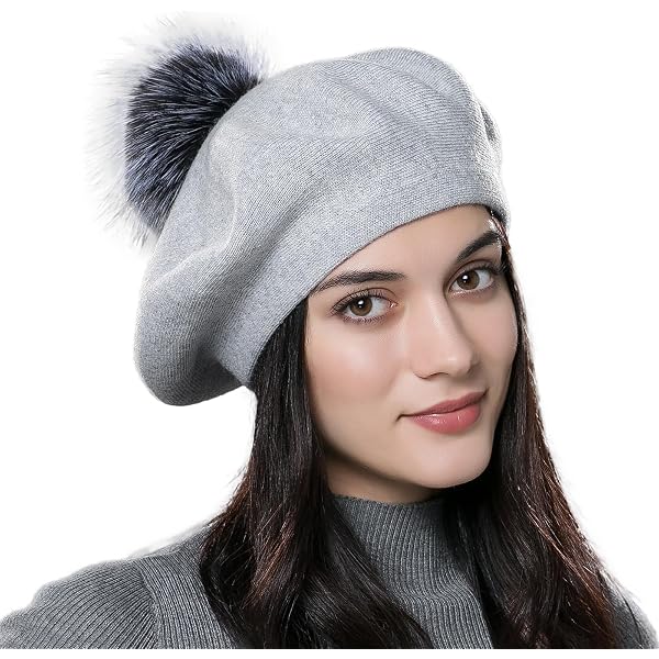 KYI KYI Cable Knit Beret With Faux Fur Pom NEW Black Beanie Hat KYI KYI CANADA Beret CHARCOAL Cable Knit Faux Fur Pom-Pom  main image 2