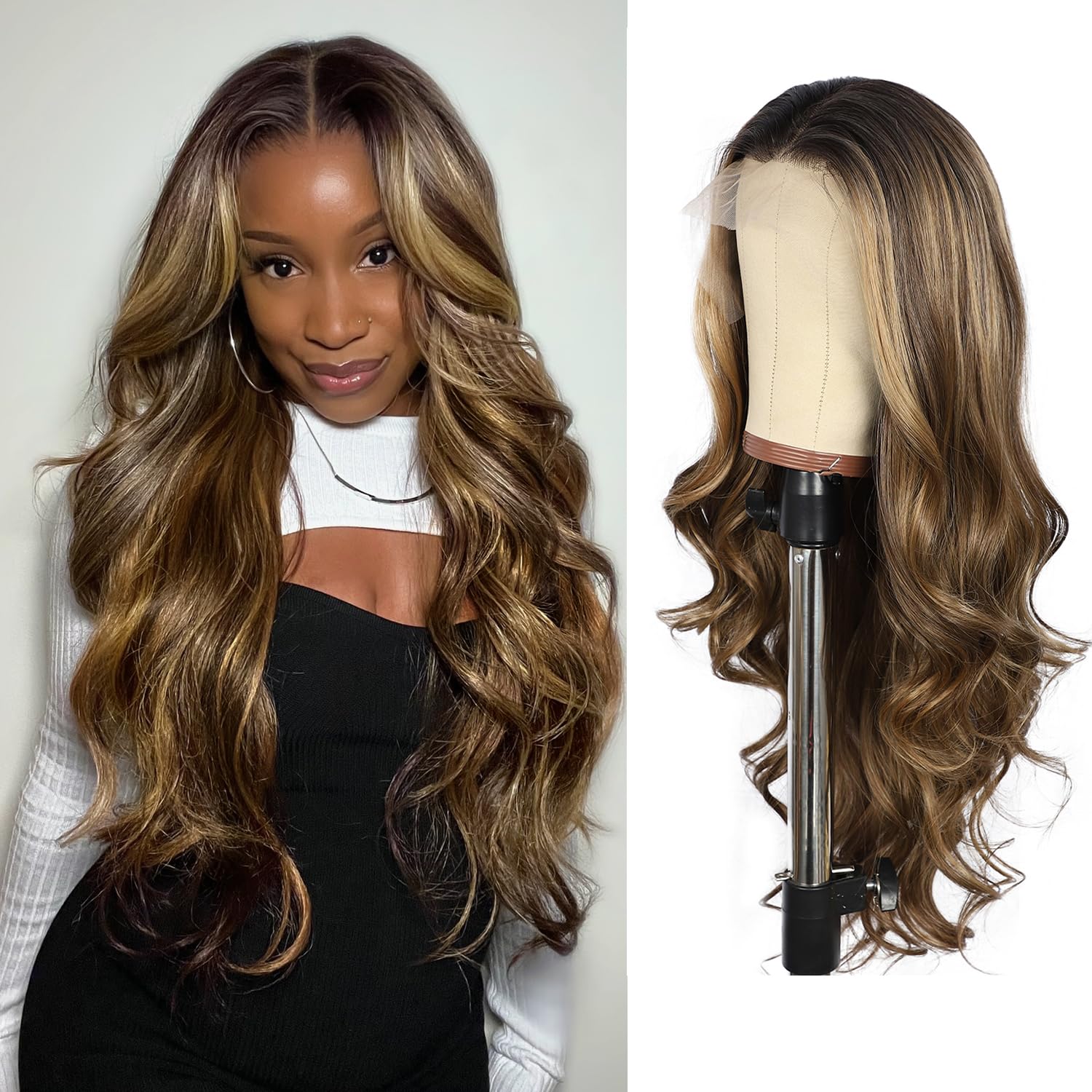 SOMIARIK 13x4 Light Brown Long Wavy Lace Front Wigs Highlight Brown with Dark Roots Balayage Wig Party Date Daily Wear Natural Looking 26 Inch — image 1