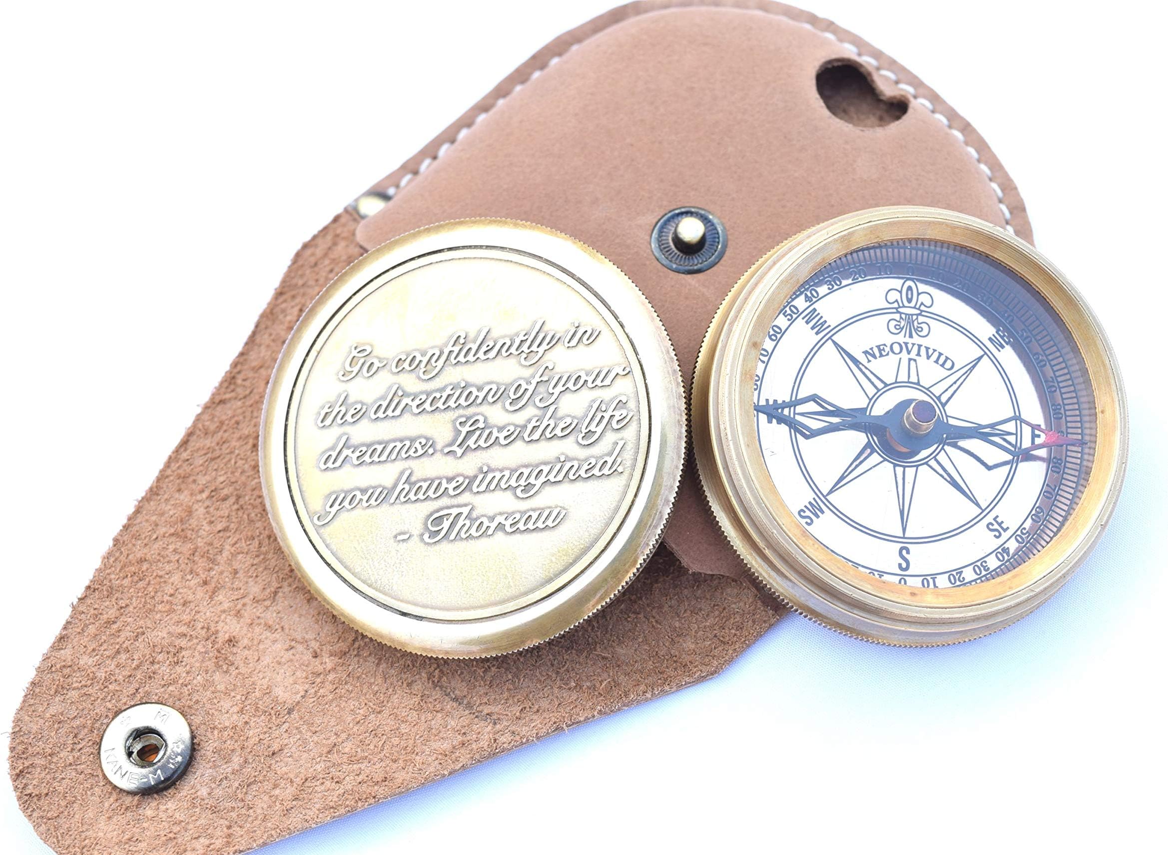 NEOVIVID Go Confidently Quote Engraved Twist Open Brass Pocket Compass with Leather Case, Directional Magnetic Navigational Compass, Nautical Compass