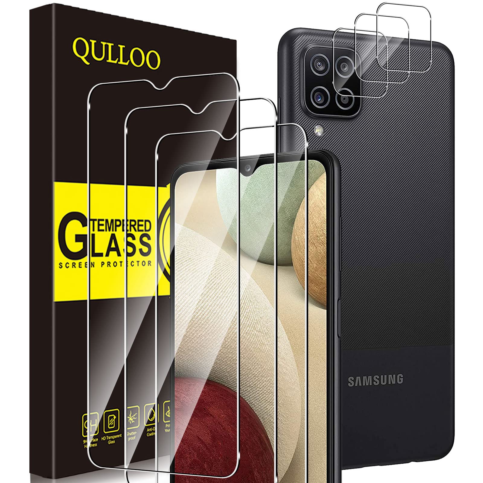 QULLOO Screen Protector Compatible with Samsung Galaxy A12/M12 [2 Pack] + Camera Lens Protector for Samsung Galaxy A12 [2 Pack], Ultra Resistant 9H Hardness HD Clear Tempress Glass Film