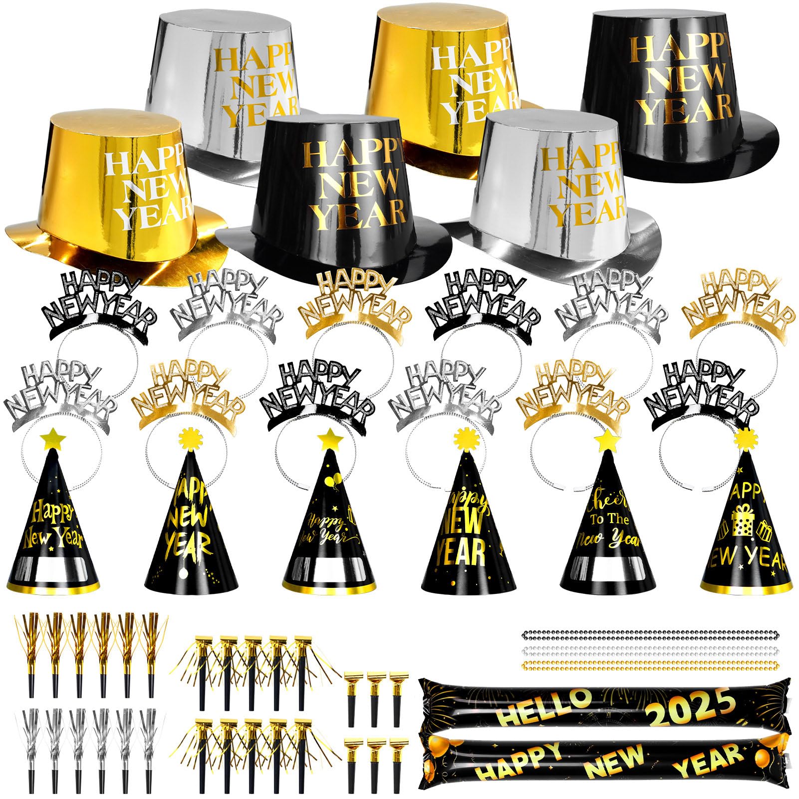 Photo 1 of 94pcs New Years Eve Party Supplies 2025 Decorations Kit with Happy New Year Top Hats, Headband Tiaras Noisemakers Balloons Necklaces Black Gold Nye Party Favors Serve 24 Guests