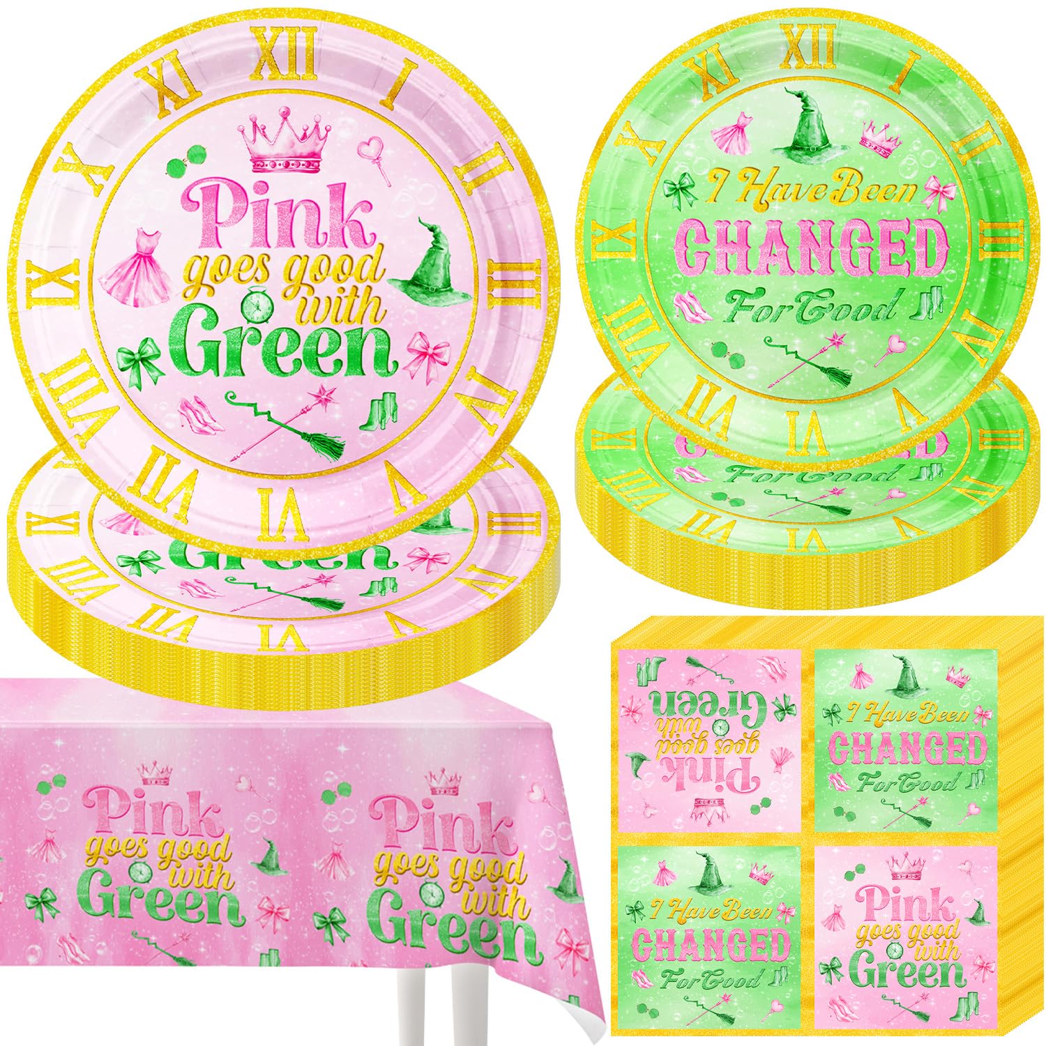 Photo 1 of 41pcs Witch Birthday Party Decorations Tableware Happy Birthday Party Supplies Include 10pcs Pink Plates,10pcs Green Plates,20pcs Napkins and 1pcs Waterproof Tablecloth