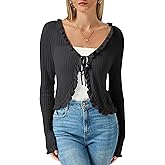 Womens Sheer Lightweight Cardigan Long Sleeve Tie Front Cropped Bolero Shrug Ruffle Trim Hollow Out Tencel Mesh Cardigan