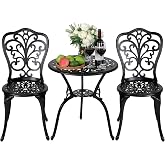 NUU GARDEN 3 Piece Bistro Set Outdoor, All Weather Cast Aluminum Patio Bistro Sets Patio Table and Chairs Set of 2 with Umbrella Hole for Yard and Balcony, Black, Butterfly Backrest