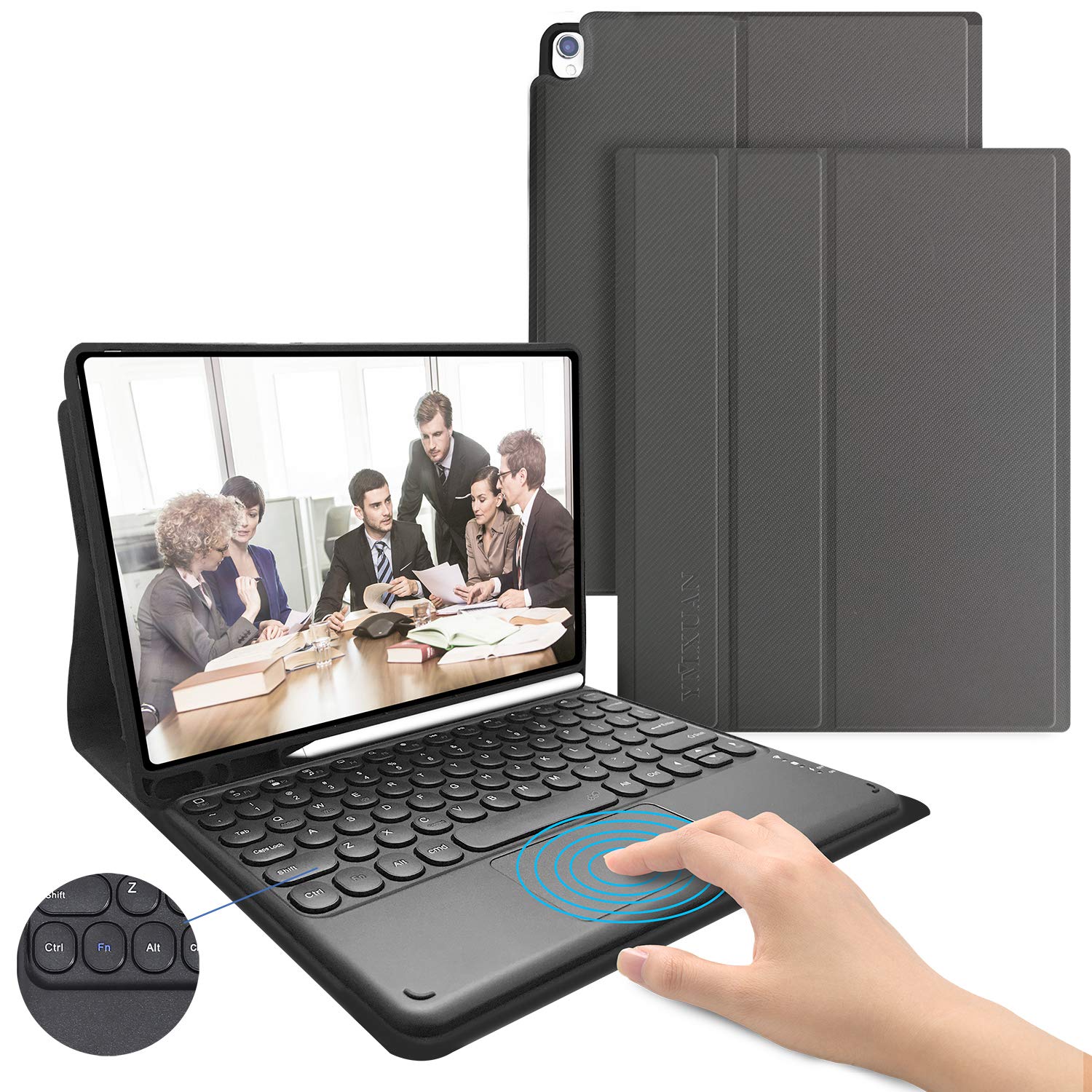 YMXuan Detachable Wireless Keyboard for iPad (Air 3, Pro 10.5, 9/8/7 Gen) with Built-in Pencil Holder, Touchpad, Auto Sleep/Wake (Grey)