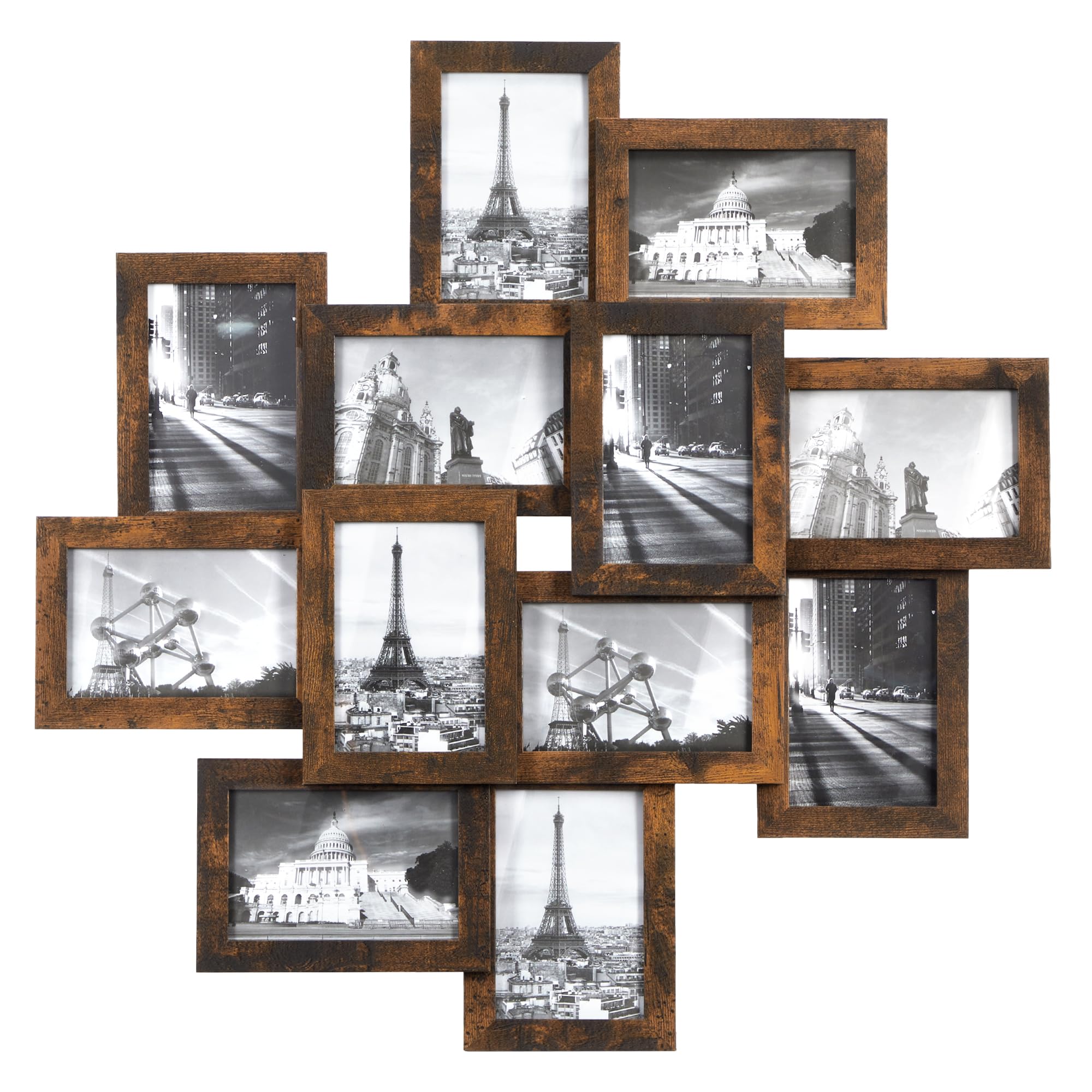 SONGMICS Picture Frame Collage for 12 Photos in 4x6, Picture Frames, Photo Frame Set, Glass, Assembly Required, Wall-Mounted, Family Photos, MDF, Rustic Brown RPF022X01