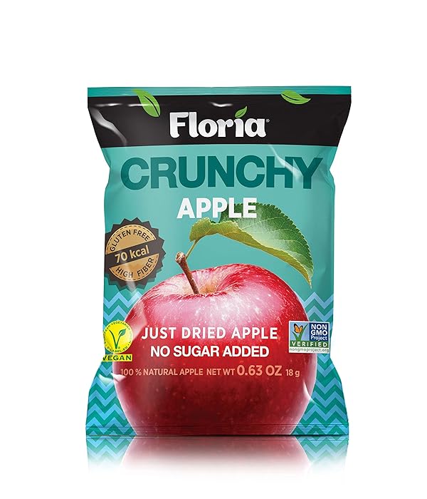 Floria Crunchy REV-Dried Apple Crisps, Healthy on-the-go Snack, 0.63 Ounce Single Serve Bags (Pack of 10), Apple Slices, 100% All Natural, No Sugar Added