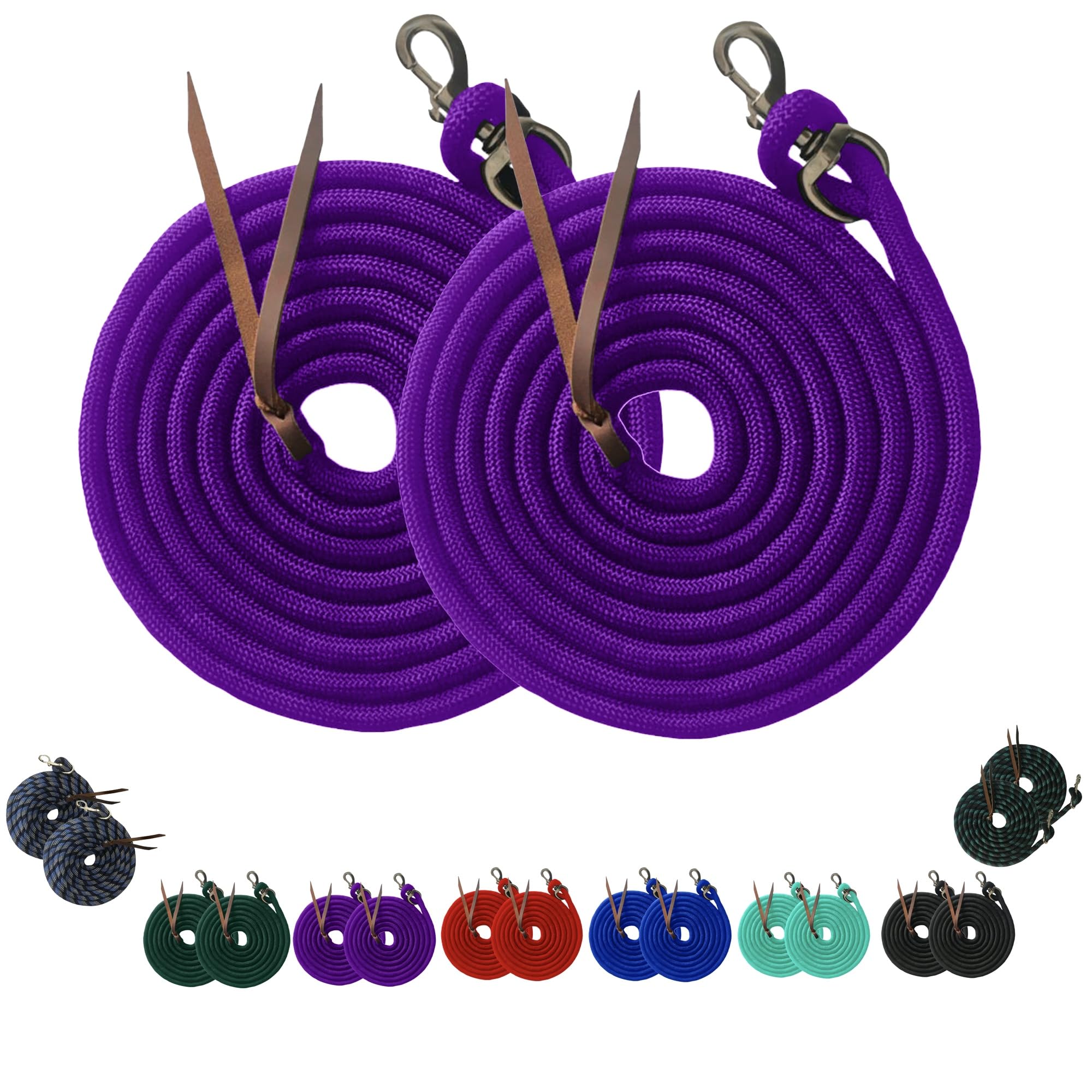 Majestic Ally 14' Pack of 2 Poly Training Lead Rope with Leather Popper for Horses & Livestock – 14 Foot Long and 5/8 inch Thick - Replaceable Heavy-Duty Bolt Snap (Purple)