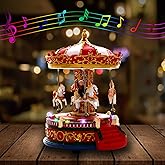 Christmas Carousel Figurines Decoration Christmas Village House Musical Carousel with 6 Moving Horses Go Round, 8 Pieces of Music Snow Globe, Music Box for Girl and Boy Kids