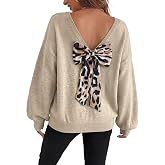 RICHSTORY Women's Back Bow Sweaters Crewneck Long Sleeve Tops Casual Leopard Print Oversized Pullover Sweater Fall Outfits