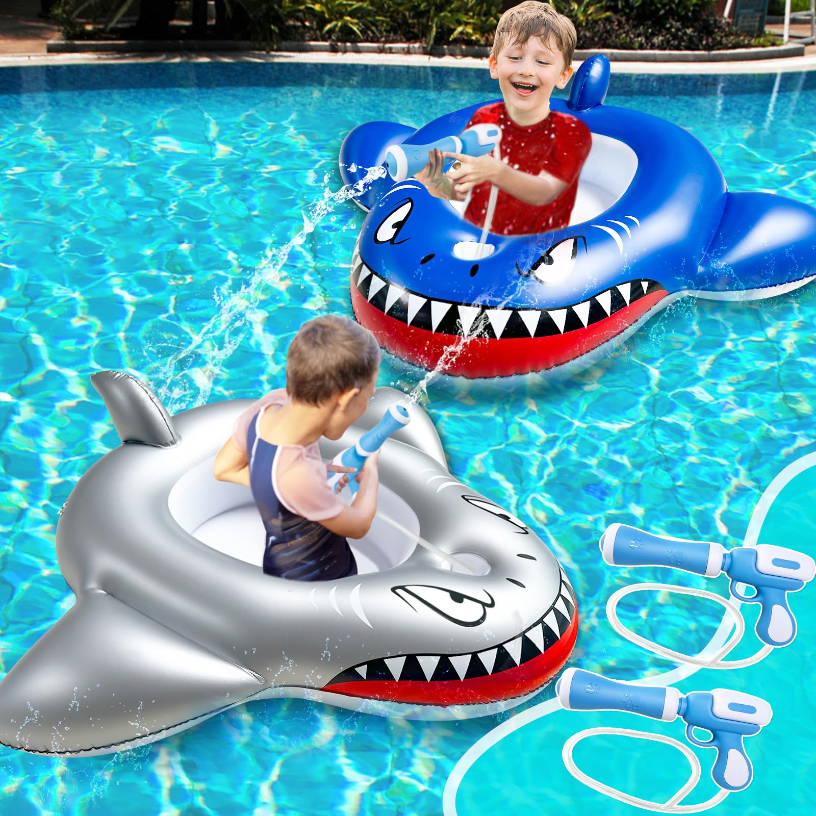 Photo 1 of 2 Pack Inflatable Shark Pool Floats Kids 3-11 Years, Kids Floaties Swimming Pool Toys with 2 Water Squirt Guns Boys Girls Party Float Ride-on Toddler Floatie with Safety Seat Summer Outdoor Water Game