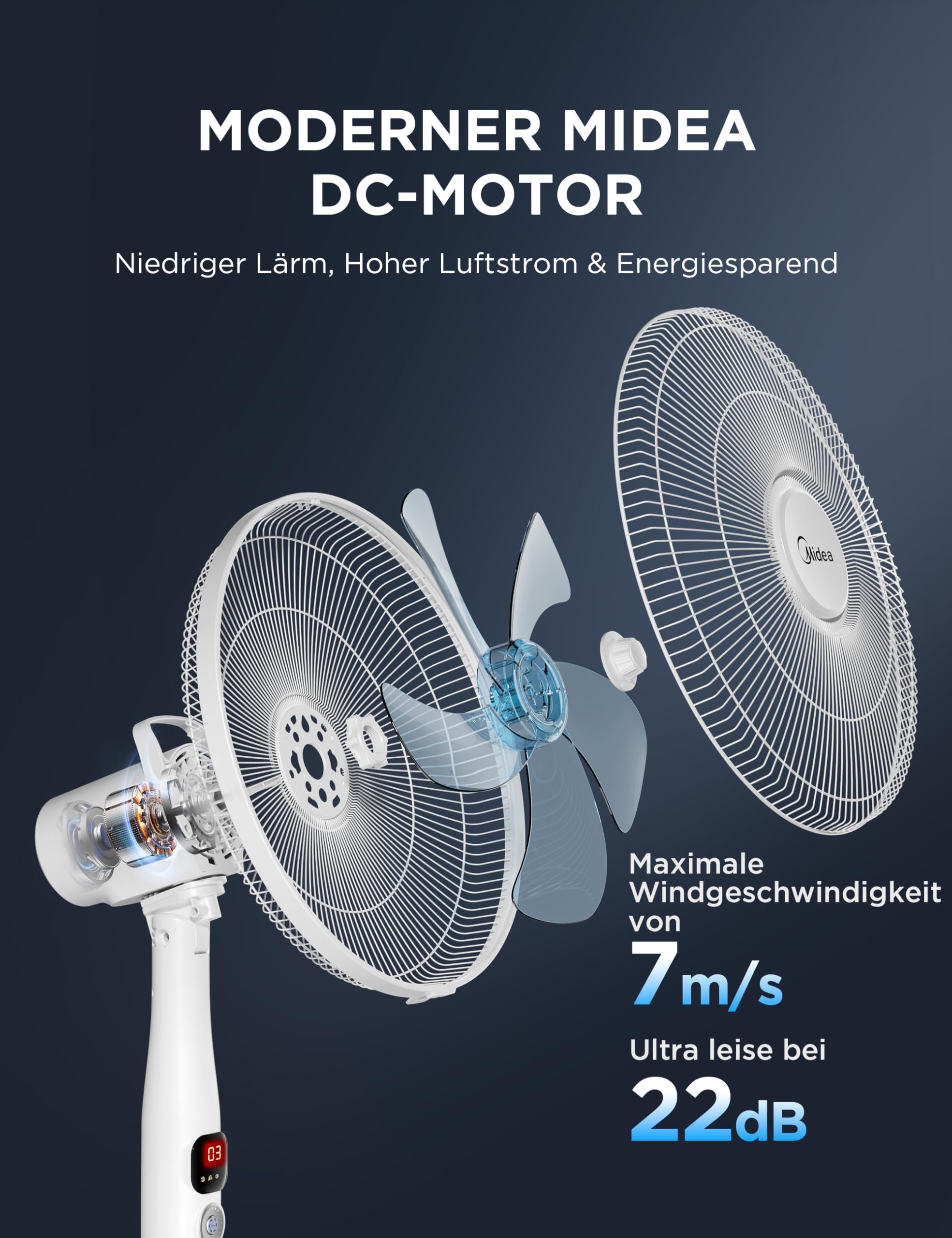 Midea FS40-16CR DC Motor Standventilator leise Extreme,mit Fernbedienung,12 Geschwindigkeiten,12H Timer,4 Modi,LED-Anzeige,energiesparend,22 dB,höhenverstellbar,Luftzirkulation, Weiß 5
