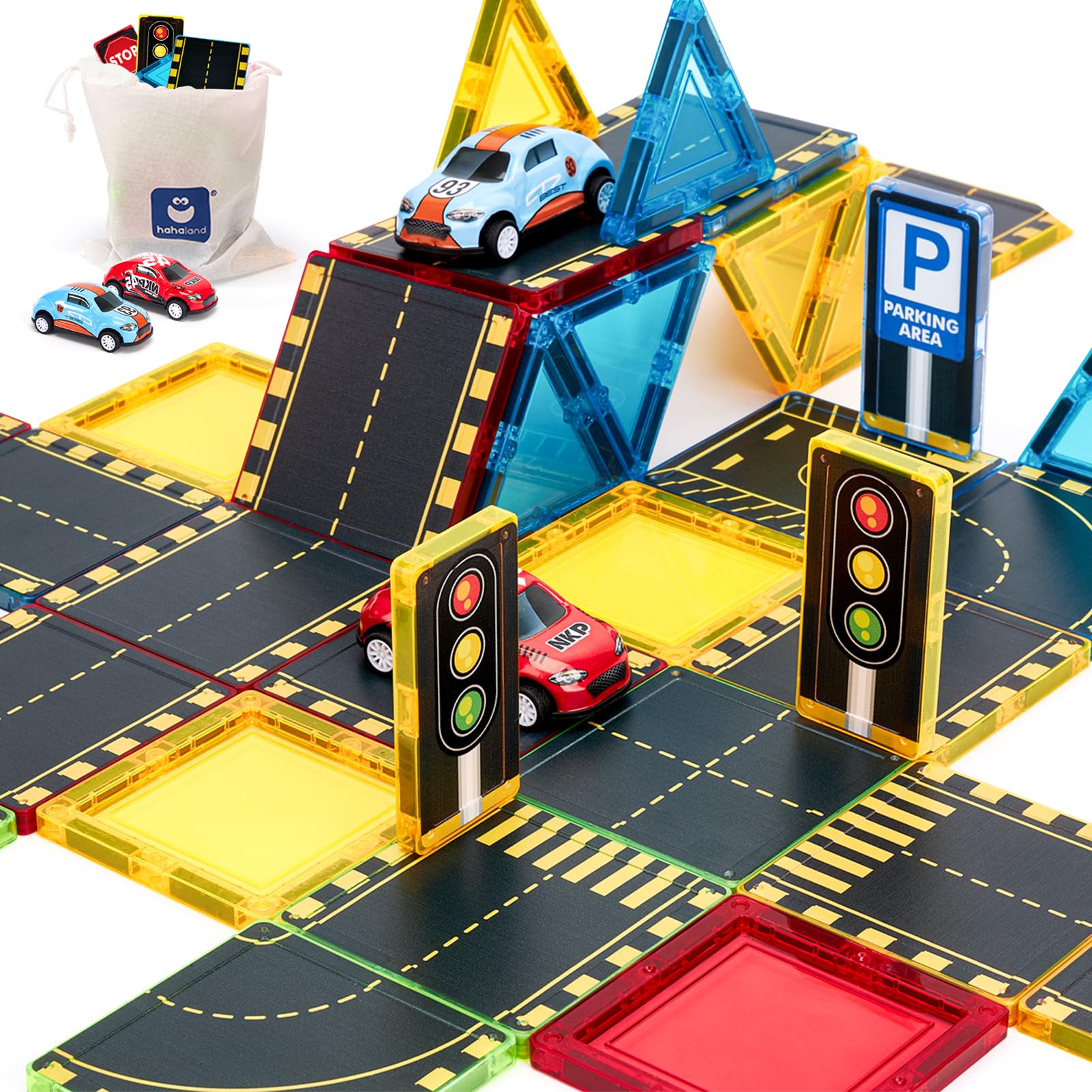 hahaland 38 PCS Magnetic Tiles Road Toppers Set for Kids Ages 3-5, Magnetic Building Blocks with Cars Toys for 3-5 Years Old Boys and Girls Stem Toys Birthday Gifts for Age 3 4 5 6 7 Year Old