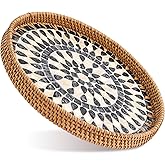 Round Rattan Tray with Mother of Pearl Inlay, Boho Style Decor Tray is Suitable for Bread Fruit Coffee, Also Functions as Kitchen Dining Table Home Decor (Black Gold)