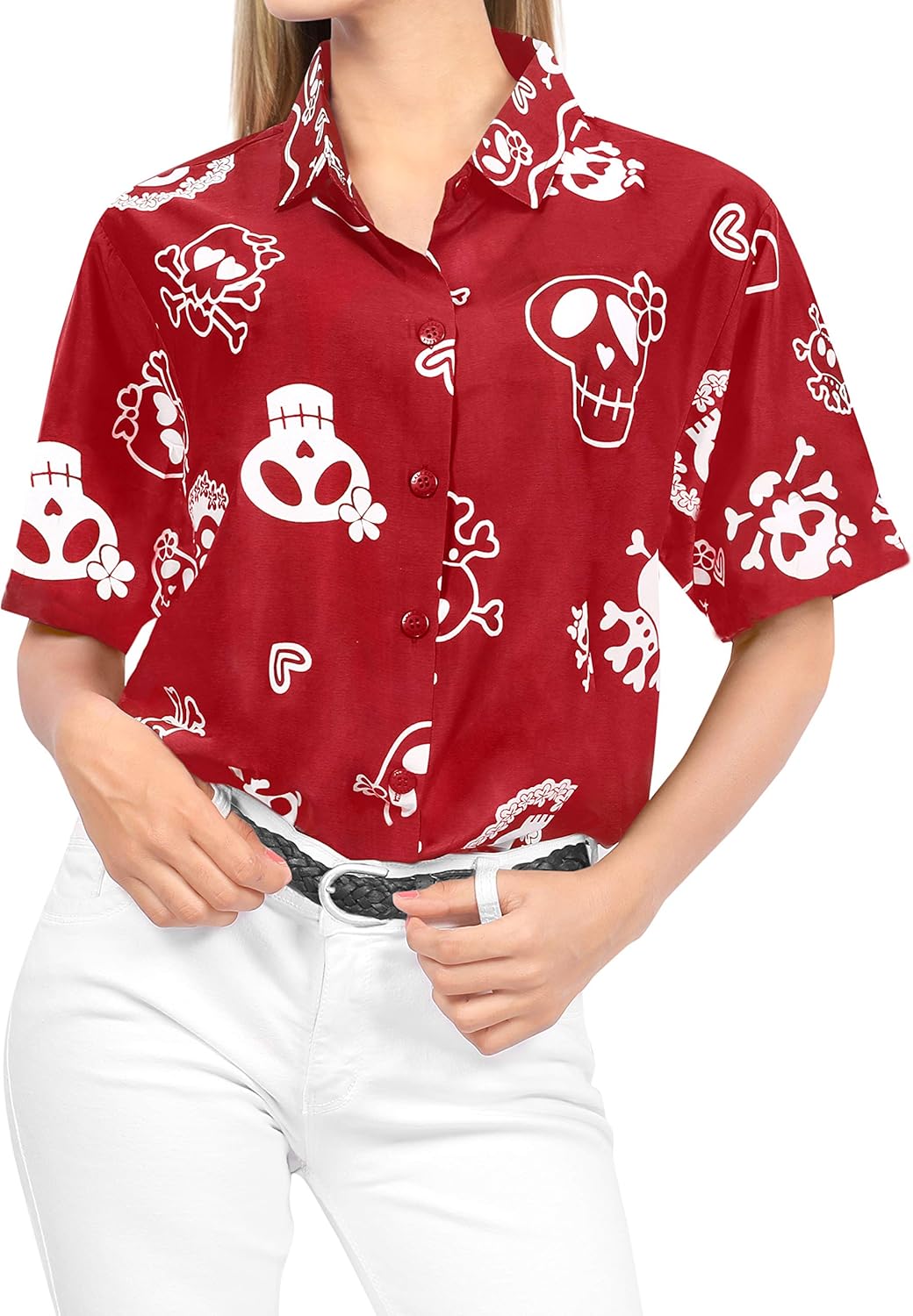 LA LEELA Womens Skull Halloween Costume Casual Beach Hawaiian Shirts Printed A