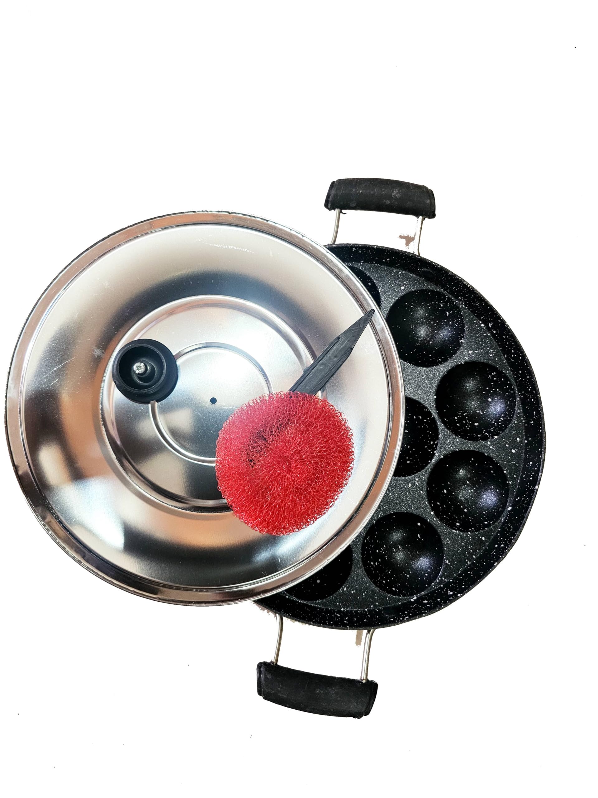 Photo 1 of Non-stick Appam Maker 12 Pits Appam Pan with Two Side Handle, Lid, Wooden Stick and Nylon Scrubber Paniyaram Nonstick Cookware Appam Patra