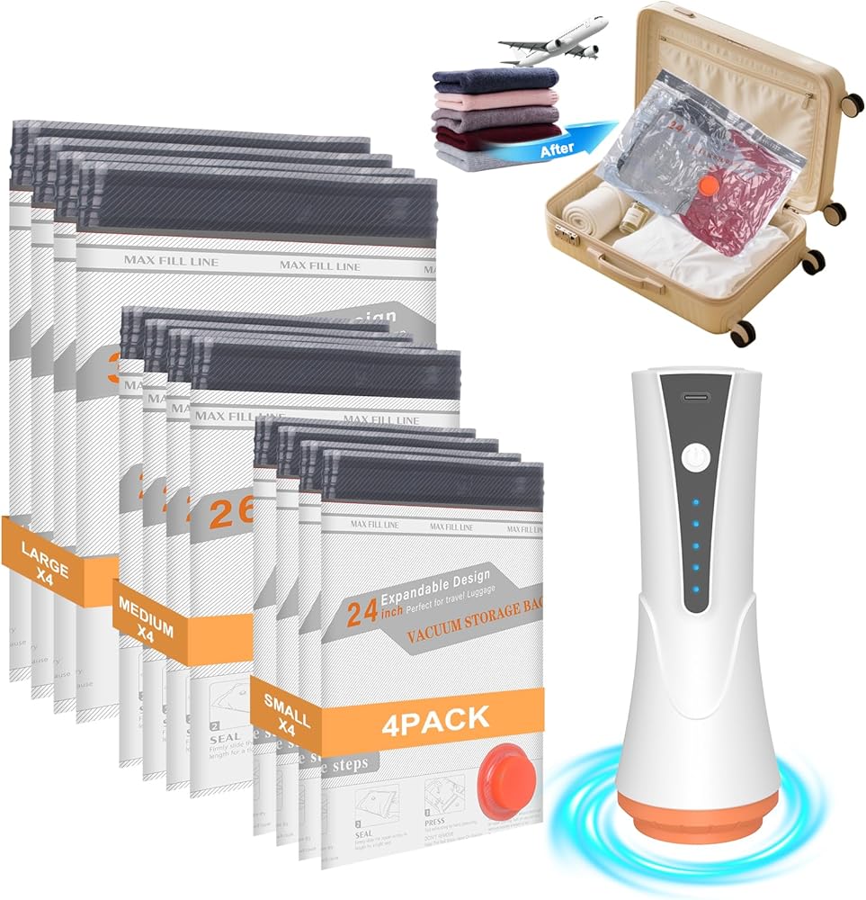 Vacuum Bags for Travel with Rechargeable Air Pump, 12 Pack Compression Packing Bags 80% Space Saver Vacuum Seal Bags for Clot