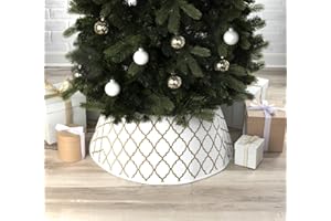 NEW TRADITIONS SIMPLIFY YOUR HOLIDAY New Traditions White Velvet Christmas Tree Collar with Gold Glitter Quatrefoil Print – 26" Diameter Fabric Stand Band for Artificial & Natural Trees – Tree Skirt Alternative, Collapsible