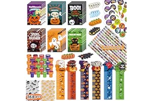BEARUN Halloween Party Favor for Kids, 168 PCS 24-Pack Halloween Stationery Set with Goody Treat Bags, Bulk Toy for Class, Spooky Themed Halloween Party Gifts Prizes