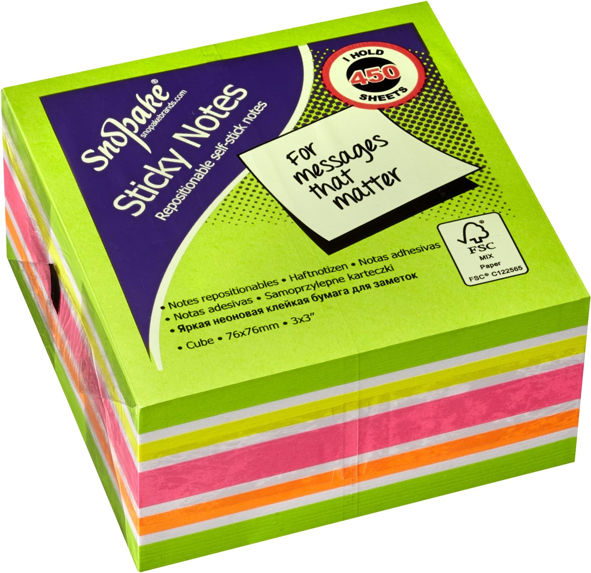 Snopake 76 x 76 mm Green Rainbow NeonMix Sticky Notes [Cube of 450 Sheets] 15760