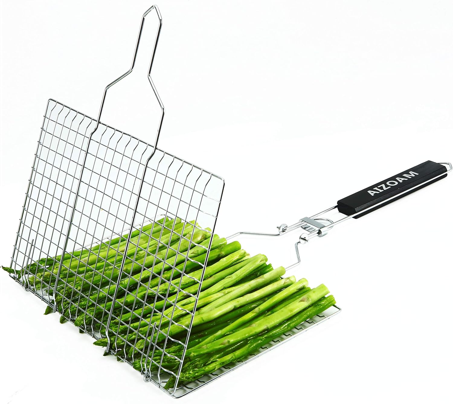 AIZOAM Portable Stainless Steel BBQ Barbecue Grilling Basket for Fish, Vegetables, Shrimp, and Small Flat Sea Food .Great Useful BBQ Tool.-【Bonus Additional Sauce Brush and 50 Natural Bamboo Skewers 】 : Garden & Outdoor