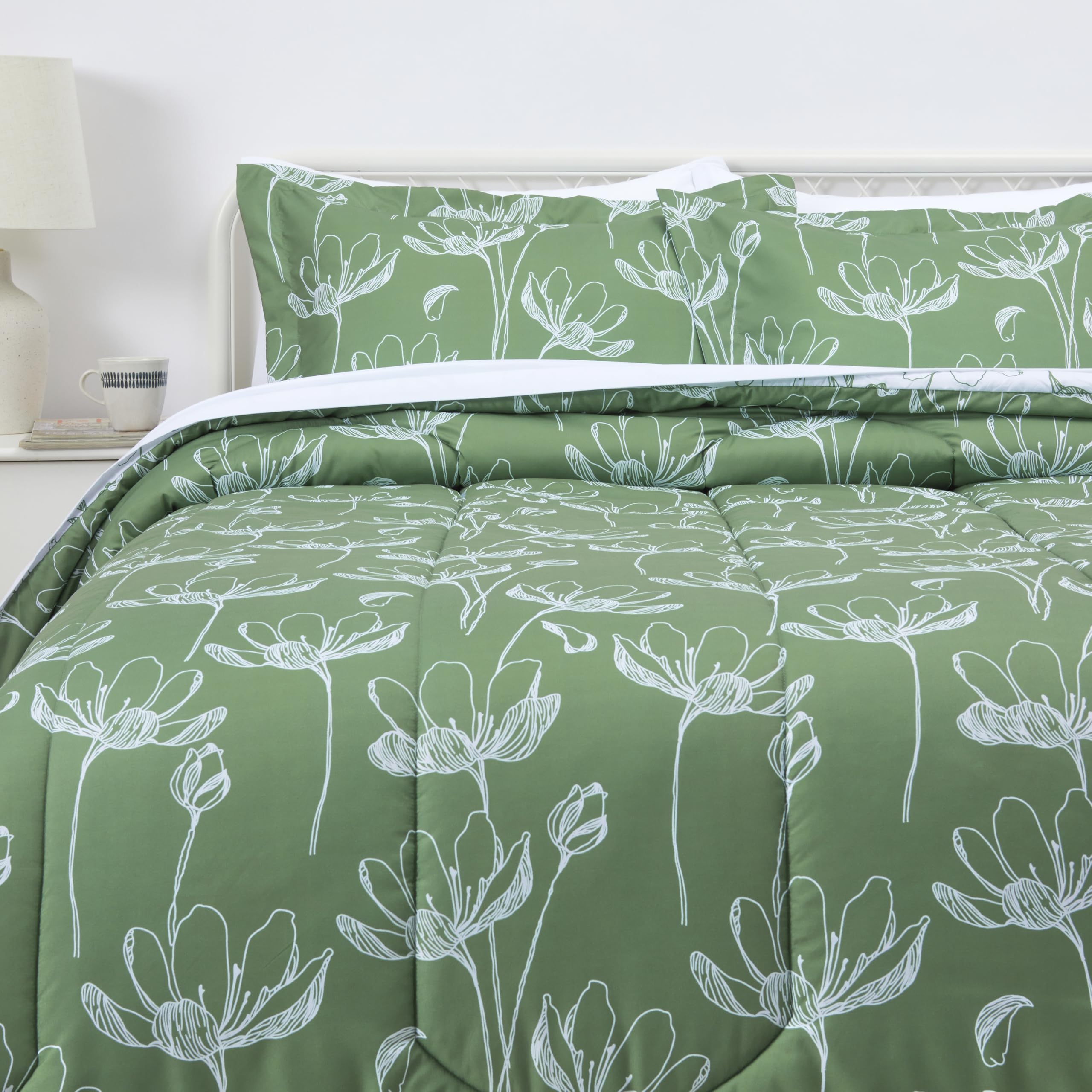 Amazon Basics Lightweight Microfiber Comforter Sets, 7 Pieces, Green, Floral, Full/Queen Image