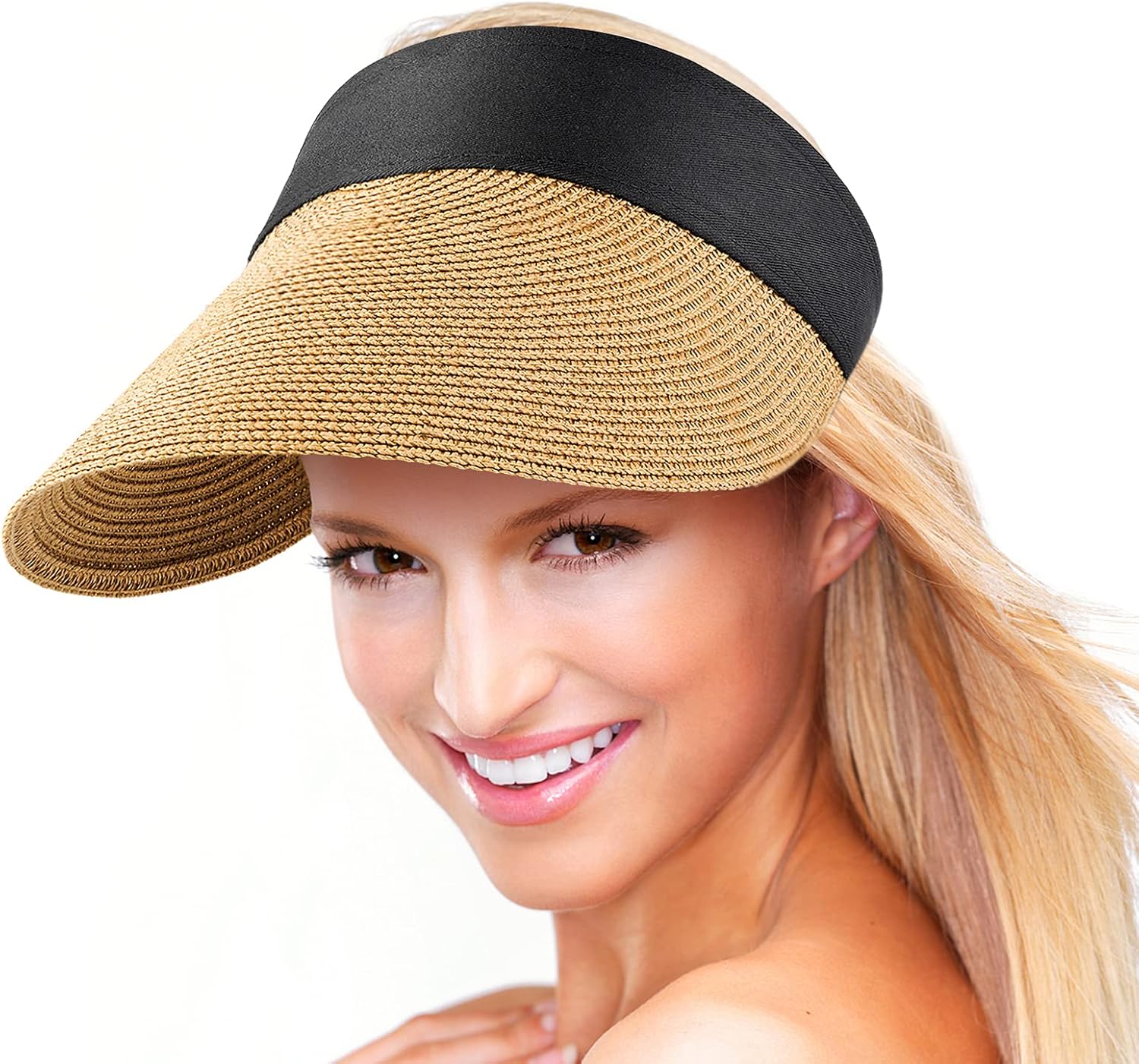 Women Visor Hats Wide Brim Straw Sun Caps Foldable Summer UV Protection Beach Hat Adjustable Roll-Up Golf Sports Cap Khaki: Clothing