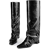zhsrin Knee High Boots for Women Square Toe Chunky Heel Fold Over Slouchy Boots Wide Calf Comfortable Tall Boots