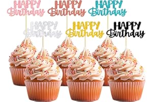 NUWDHP 24 pcs Happy Birthday Cupcake Toppers in 6 Colors, Glitter Happy Birthday Cake Toppers for Birthday Party Decorations, Baby Shower Anniversary Party Cake Decorations Supplies