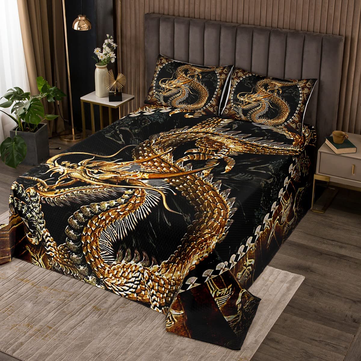 Homemissing Dragon Kids Coverlet Set Mythical Animal Creature Art Dragon Quilted Bedspread For Girls Women Black Gold Set Magical Coverlet Bedroom 3Pcs Double Size