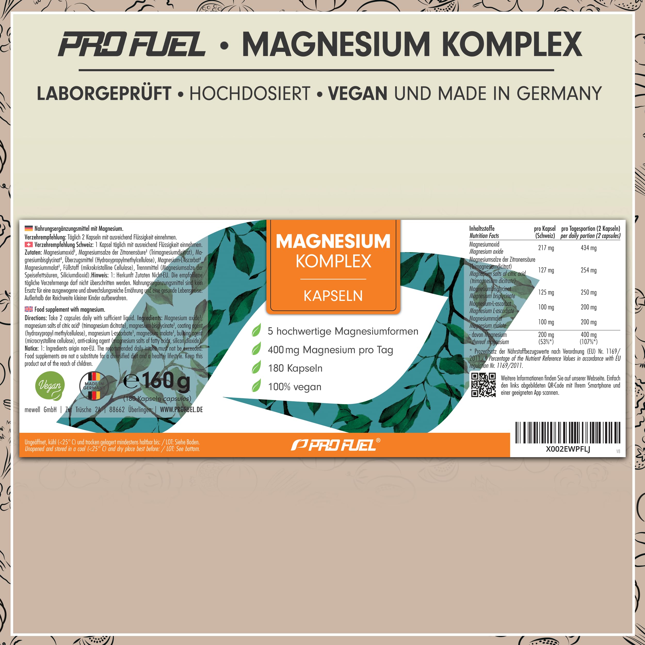 Magnesium Komplex 180 Kapseln, 400 mg elementares Magnesium pro Tag, 5 hochwertige Formen: Mag.-Oxid, Citrat, Bisglycinat, Malat & Ascorbat, optimale Bioverfügbarkeit, 3 Monats-Vorrat 6
