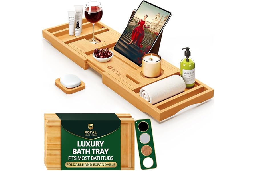 ROYAL CRAFT WOOD Bathtub Tray Caddy for Tub, Bamboo Bath Shelf, Premium Foldable Wood Bath Table, Expandable Bathtub & Bathroom Accessories, New Home Gifts for Mom, Housewarming, Anniversary, Wedding