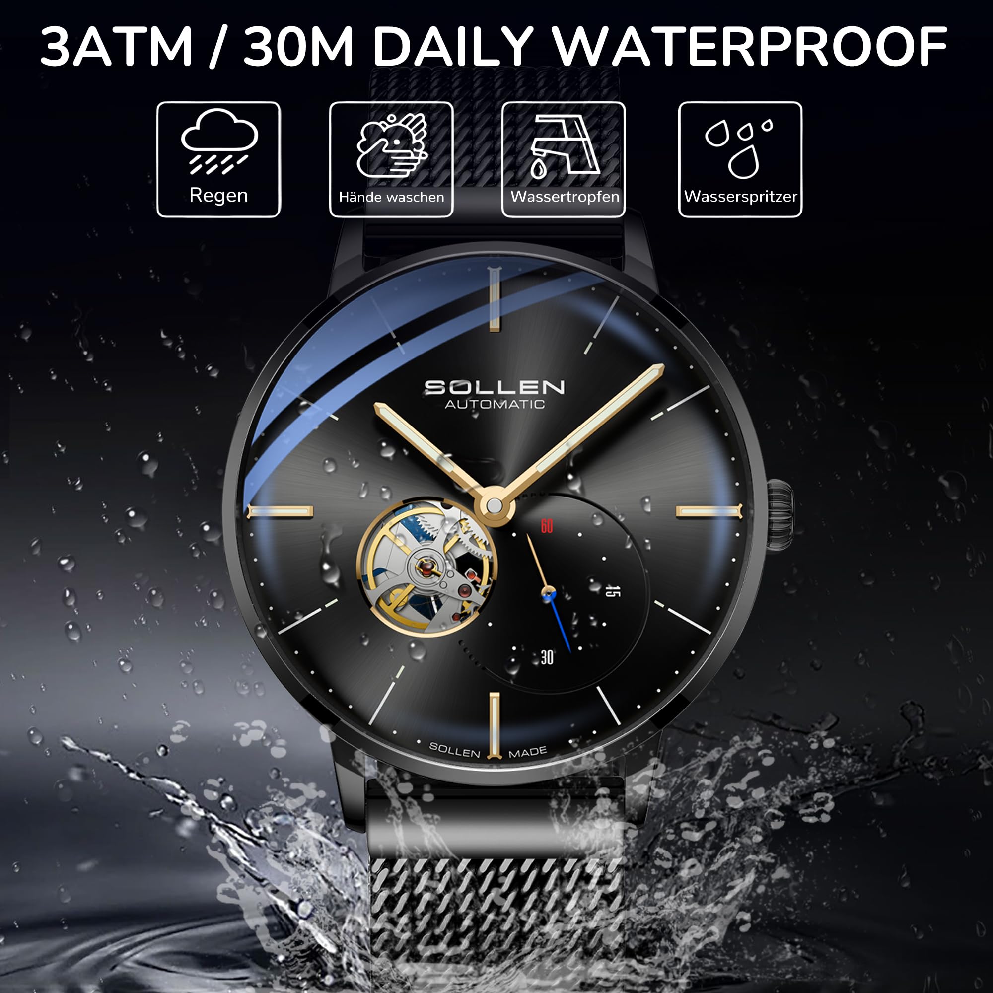 SOLLEN Automatikuhren Herren mit Skelettzifferblatt,Automatische Herrenuhren,Originales Mechanisches Uhrwerk,Leuchtend Selbstaufzug Herrenuhr mit Sekundenzeiger,Armbanduhren als Geschenk für Männer 7