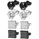 JOERICA 4 Pairs Stainless Steel Stud Earrings for Men Women Silver Black Square Earrings Set Mens Earrings Inlaid Cubic Zirconia 6-10MM