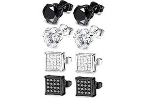 JOERICA 4 Pairs Stainless Steel Stud Earrings for Men Women Silver Black Square Earrings Set Mens Earrings Inlaid Cubic Zirconia 6-10MM
